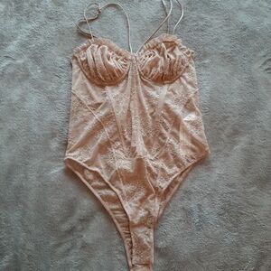ZARA NWOT Nude Sheer Lace Corset Style Strappy Bustier Bodysuit - Size Small